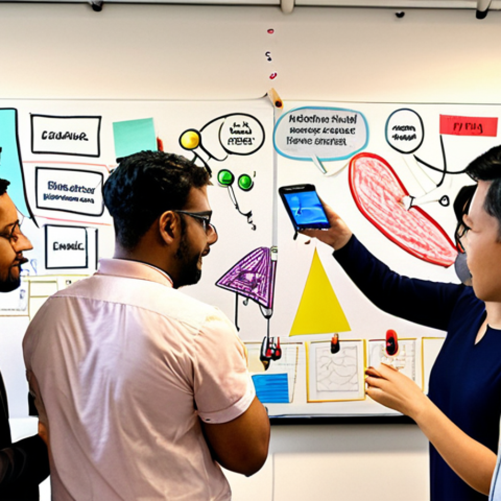 **A diverse group of people collaboratively brainstorming on a digital platform like Miro or Mural, with sticky notes and virtual connections visible, representing global collaboration between Kuala Lumpur and London.** (Focus: Digital brainstorming, global collaboration, visual representation of ideas.)