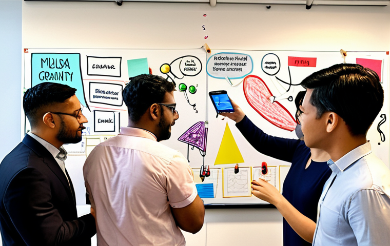 **A diverse group of people collaboratively brainstorming on a digital platform like Miro or Mural, with sticky notes and virtual connections visible, representing global collaboration between Kuala Lumpur and London.** (Focus: Digital brainstorming, global collaboration, visual representation of ideas.)