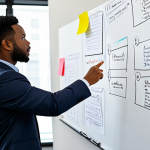 A diverse group of professional individuals, fully clothed in modest business attire, are engaged in a dynamic brainstorming session in a modern, brightly lit collaborative workspace. One individual points thoughtfully at a whiteboard filled with strategic questions and 'what if' scenarios, while others are actively discussing and writing on sticky notes, representing innovative problem-solving and out-of-the-box thinking. The atmosphere is collaborative and forward-thinking. Perfect anatomy, correct proportions, natural poses, well-formed hands, proper finger count, natural body proportions. Professional photography, high-resolution, safe for work, appropriate content, family-friendly.