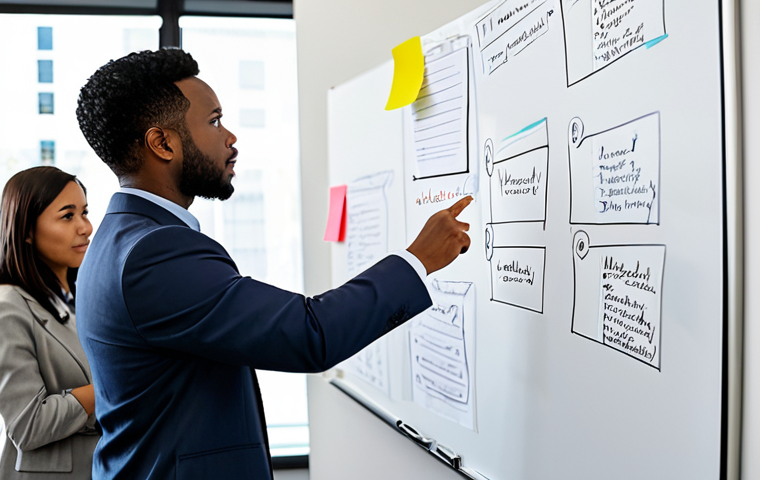 A diverse group of professional individuals, fully clothed in modest business attire, are engaged in a dynamic brainstorming session in a modern, brightly lit collaborative workspace. One individual points thoughtfully at a whiteboard filled with strategic questions and 'what if' scenarios, while others are actively discussing and writing on sticky notes, representing innovative problem-solving and out-of-the-box thinking. The atmosphere is collaborative and forward-thinking. Perfect anatomy, correct proportions, natural poses, well-formed hands, proper finger count, natural body proportions. Professional photography, high-resolution, safe for work, appropriate content, family-friendly.
